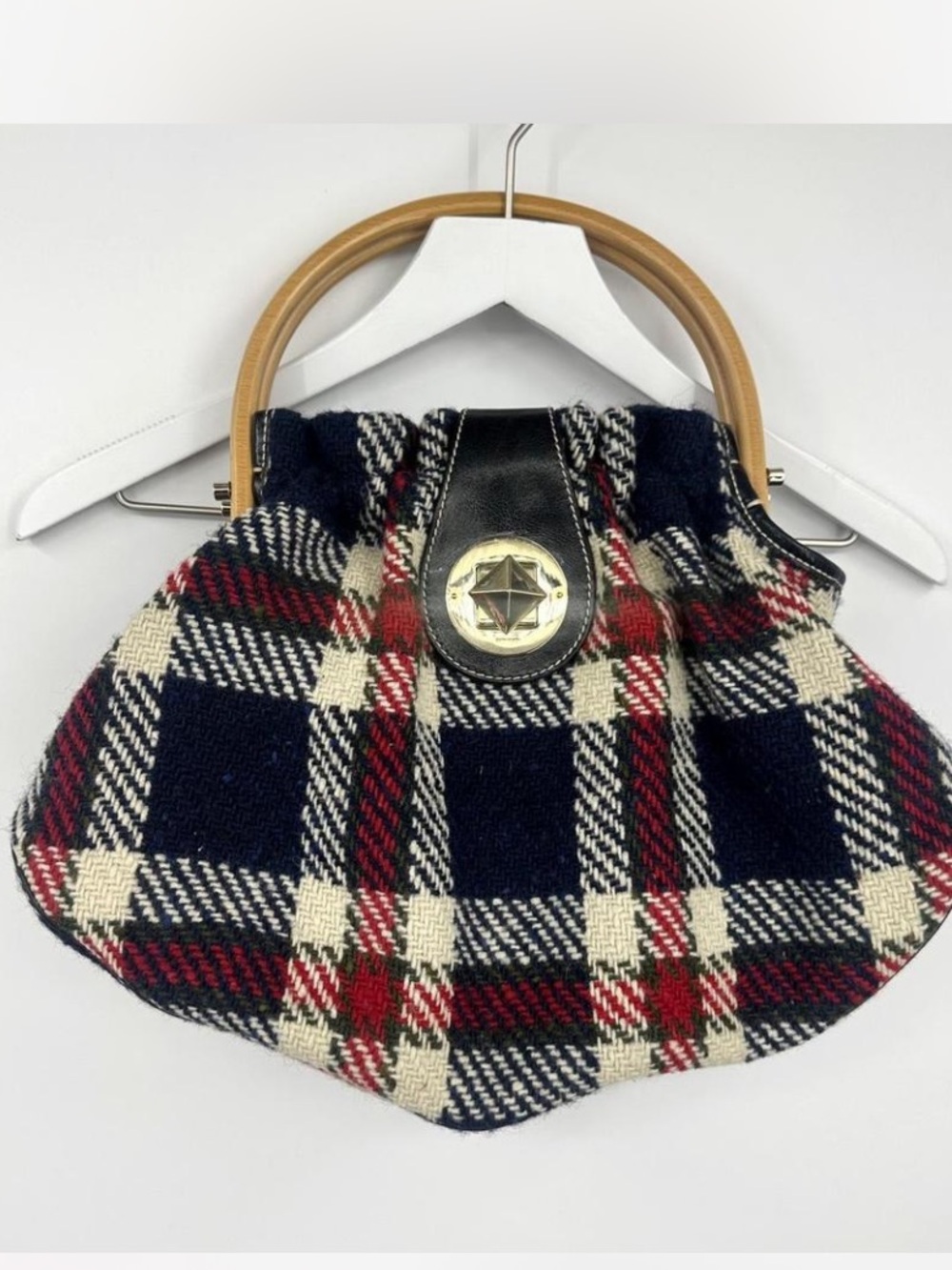 Vintage Kate Spade plaid bag with distinctive design.